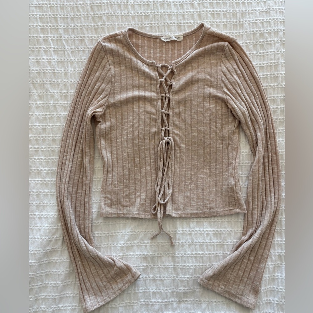 Honey Punch Taupe Lace-Up Ribbed top